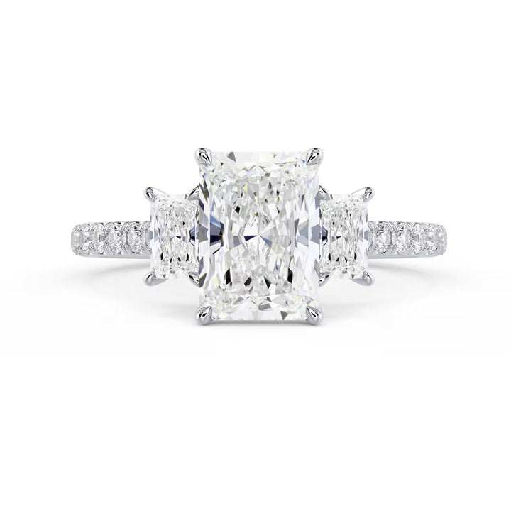 1.50CT Radiant E/VS1 Lab Grown Diamond Three Stone Pave Engagement Ring