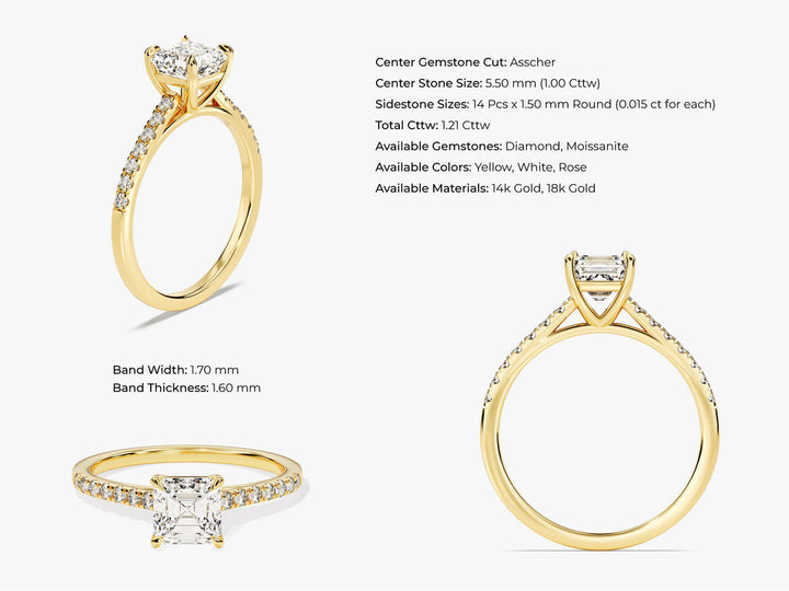 1.0CT Asscher Cut Pave Lab Grown Diamond Engagement Ring Minimalist Engagement Ring