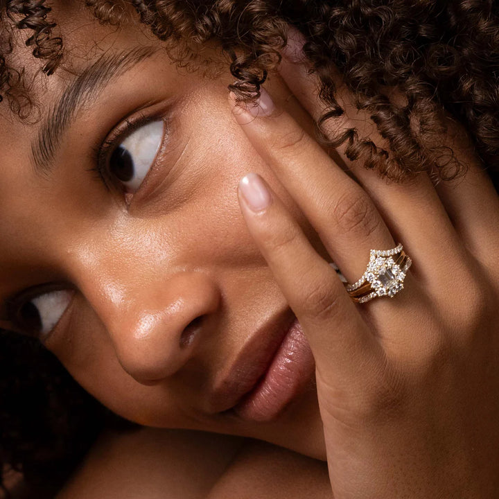 1.0CT Emerald Cut Halo Lab Grown Diamond Cathedral Engagement Ring