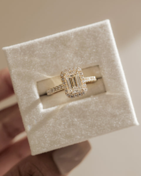 1.50CT Emerald Cut E/VS2 Lab Grown Diamond Halo Cathedral Pave Engagement Ring