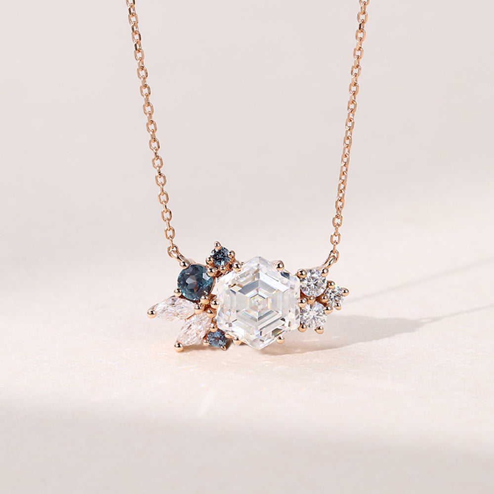 Hexagon Cut Cluster Art Deco Lab Grown Diamond Pendant Necklace