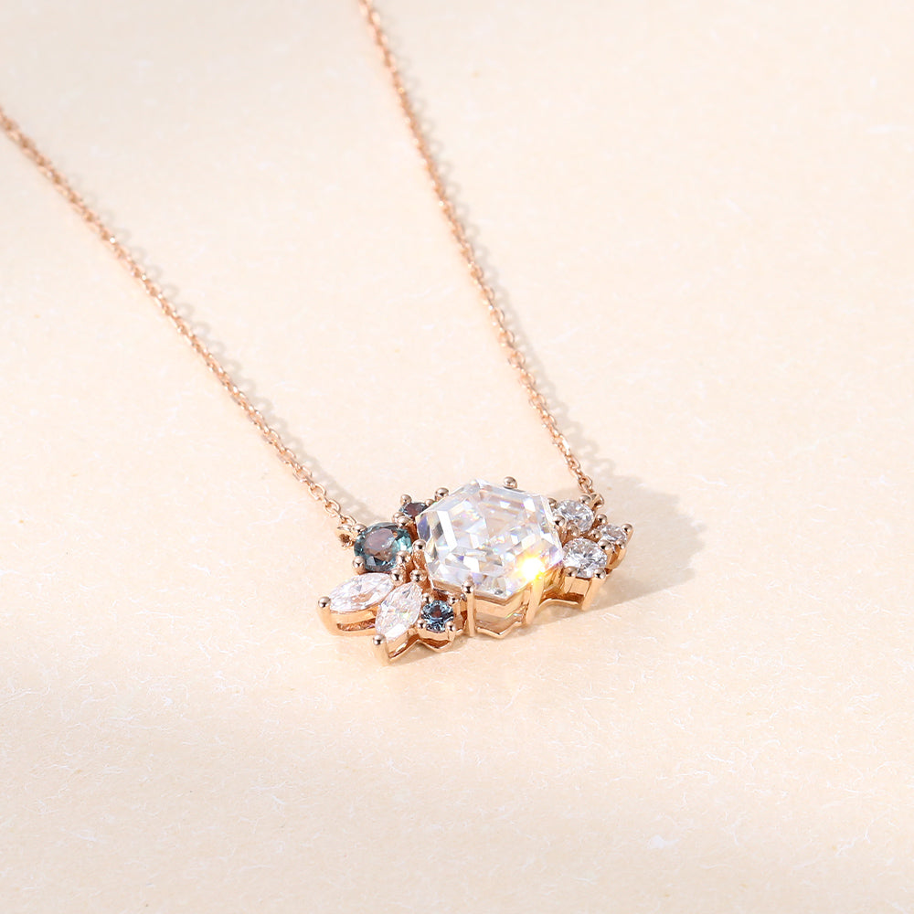 Hexagon Cut Cluster Art Deco Lab Grown Diamond Pendant Necklace