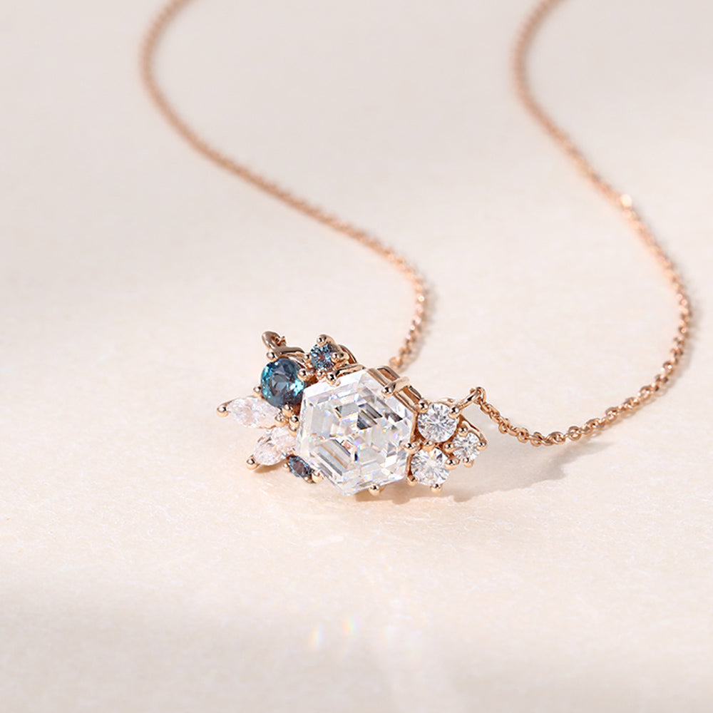 Hexagon Cut Cluster Art Deco Lab Grown Diamond Pendant Necklace