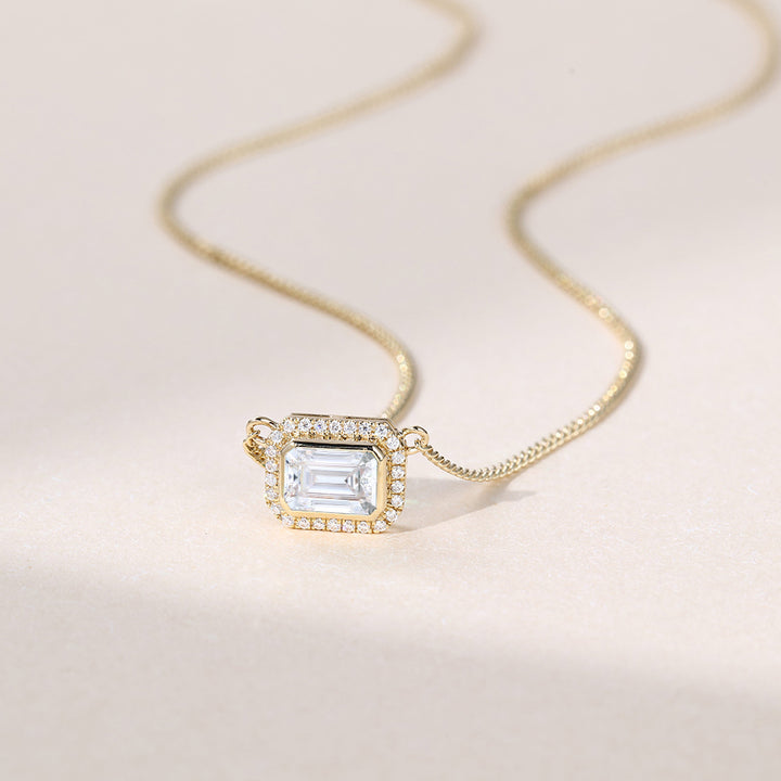 East West Emerald Cut Halo Lab Grown Diamond Necklace Elegant