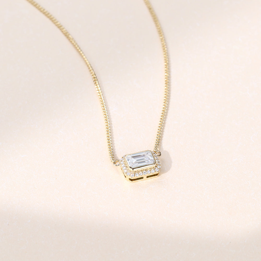 East West Emerald Cut Halo Lab Grown Diamond Necklace Elegant