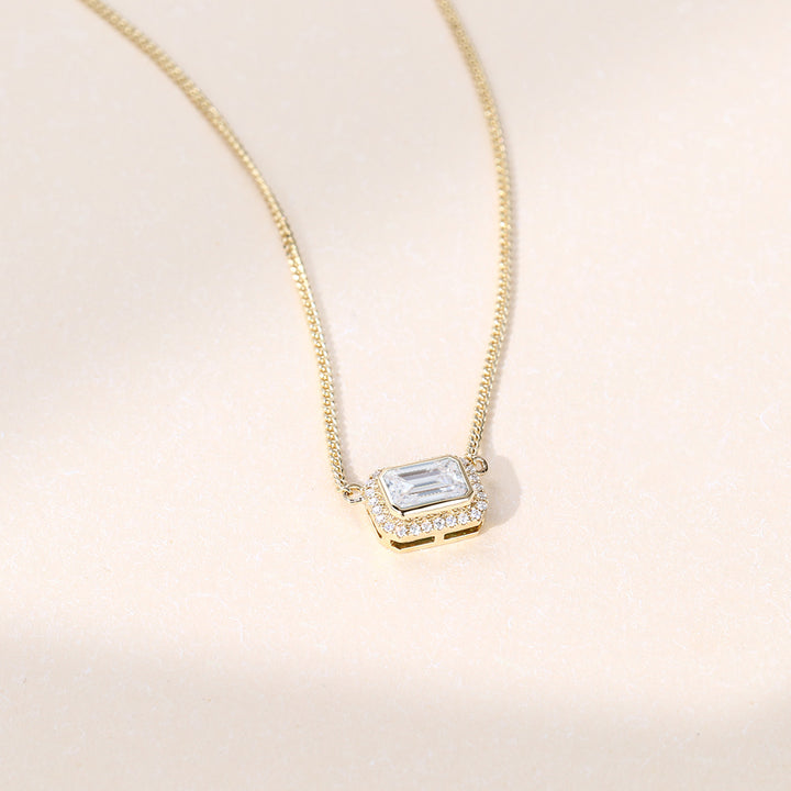 East West Emerald Cut Halo Lab Grown Diamond Necklace Elegant