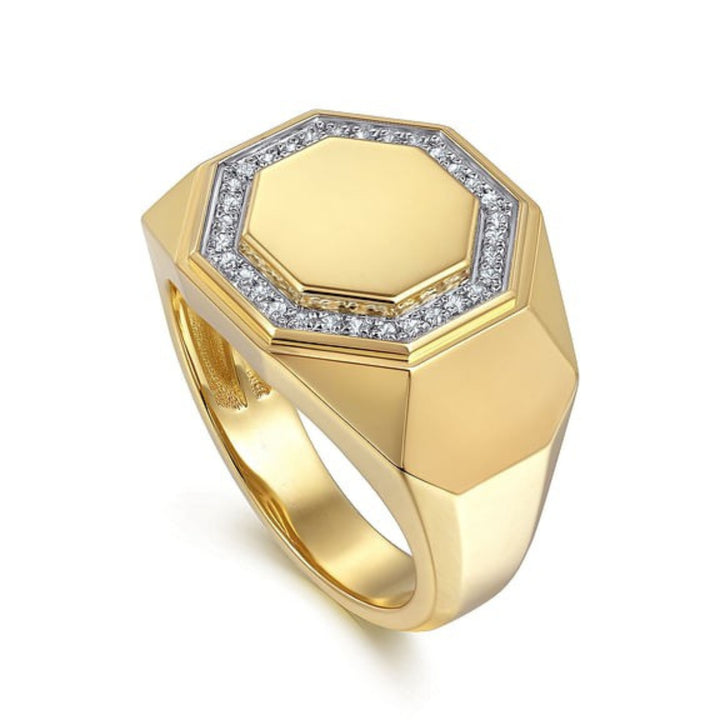 14K Yellow Gold Round Hexagon Lab Grown Diamond Men's Ring