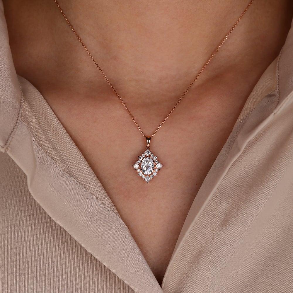 Oval Cut Cluster Halo Lab Grown Diamond Necklace Designs