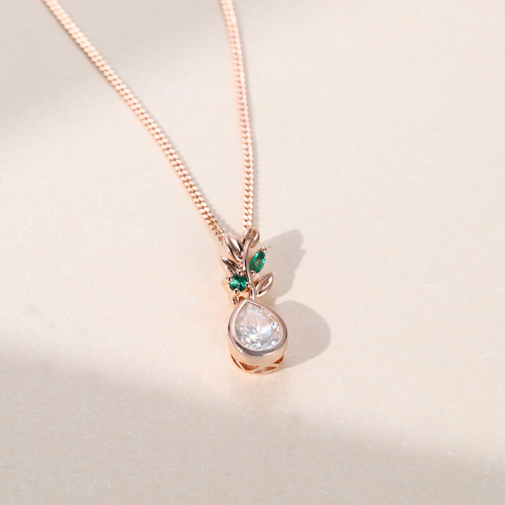 Pear Cut Bezel Lab Grown Diamond Nature Inspired Pendant Necklace
