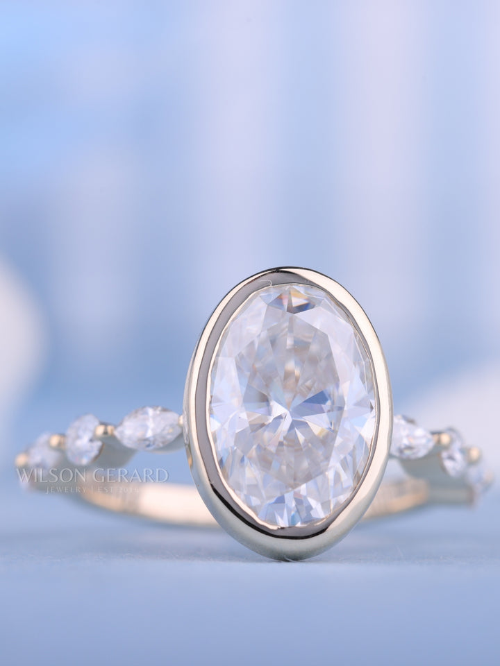 2.0CT Bezel Set Oval E/VS1 Lab Grown Diamond Pave Engagement Ring