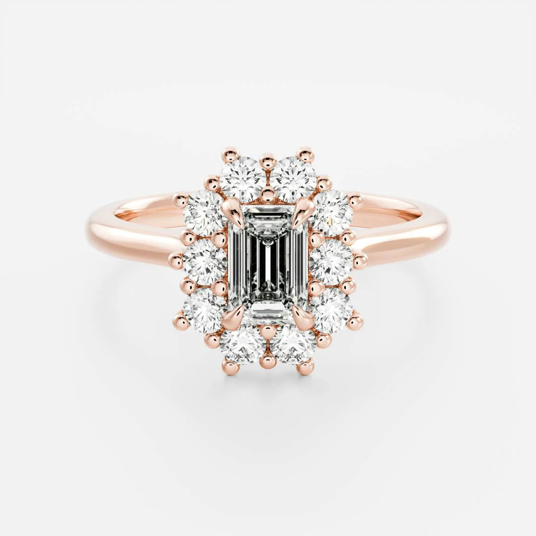 1.0CT Emerald Cut Halo Lab Grown Diamond Cathedral Engagement Ring