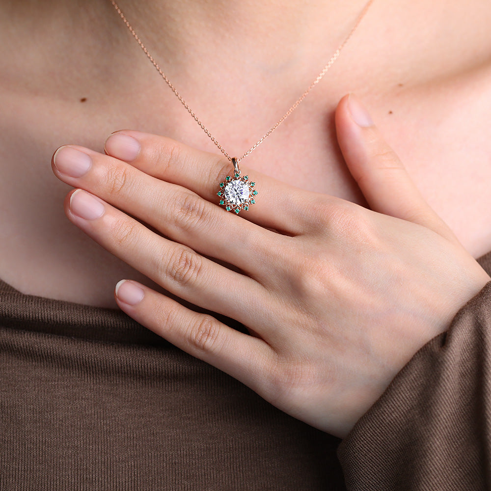 Round Cut Emerald Halo Lab Grown Diamond Pendant Necklace Gift For Women