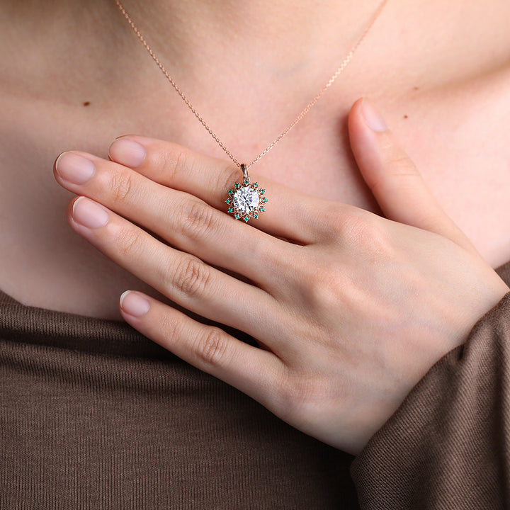 Round Cut Emerald Halo Lab Grown Diamond Pendant Necklace Gift For Women