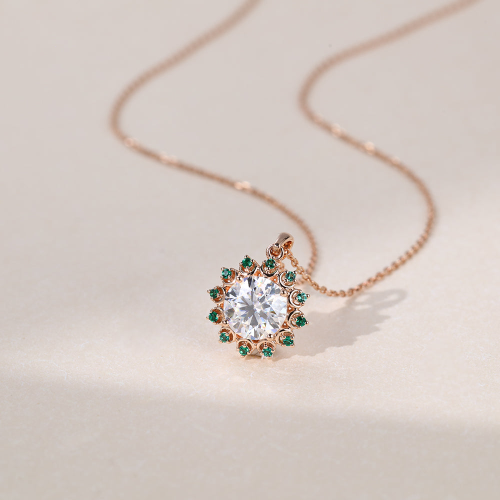 Round Cut Emerald Halo Lab Grown Diamond Pendant Necklace Gift For Women