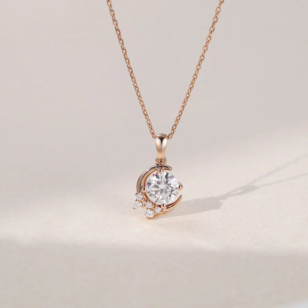 Half Moon With Shooting Star Round Lab Grown Diamond Pendant Necklace