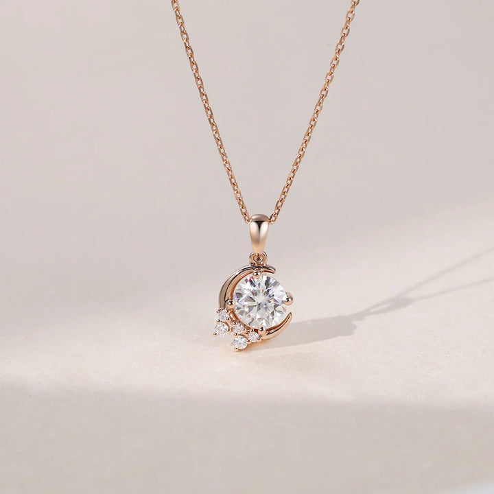 Half Moon With Shooting Star Round Lab Grown Diamond Pendant Necklace