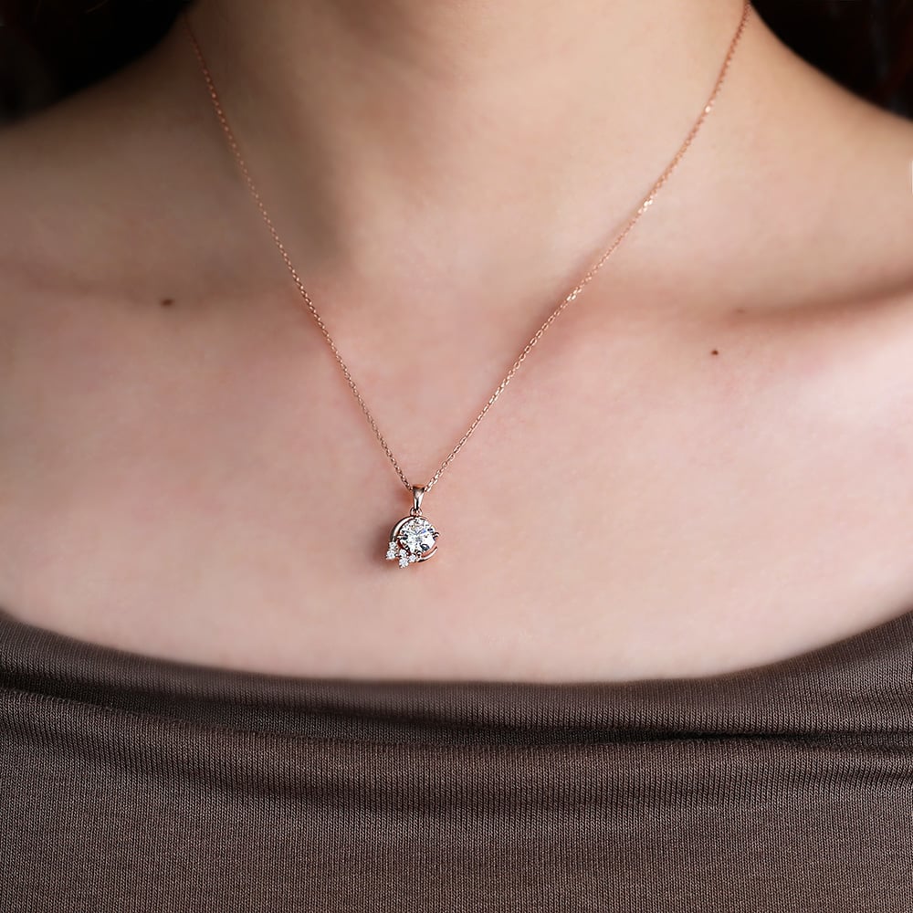 Half Moon With Shooting Star Round Lab Grown Diamond Pendant Necklace