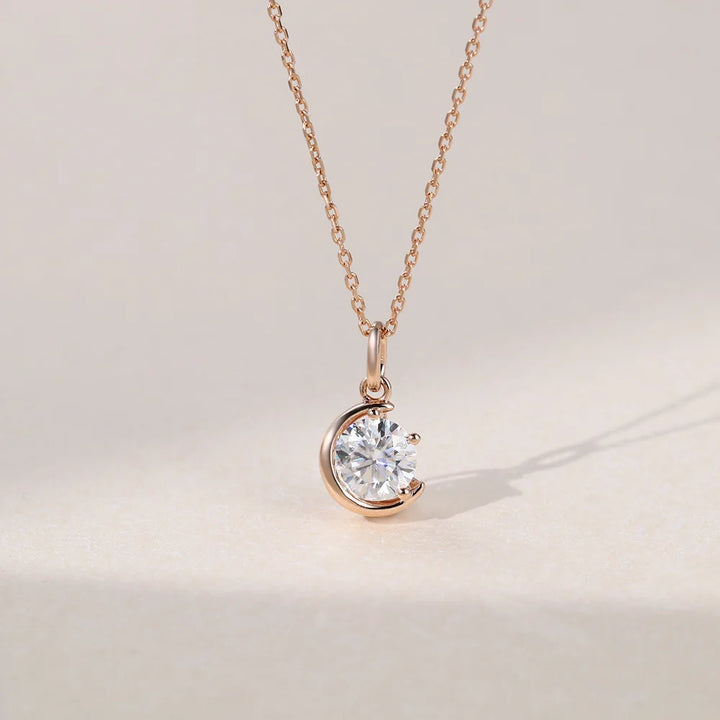 Crescent Round Cut Lab Grown Diamond Half Moon Shape Solitaire Pendant Necklace