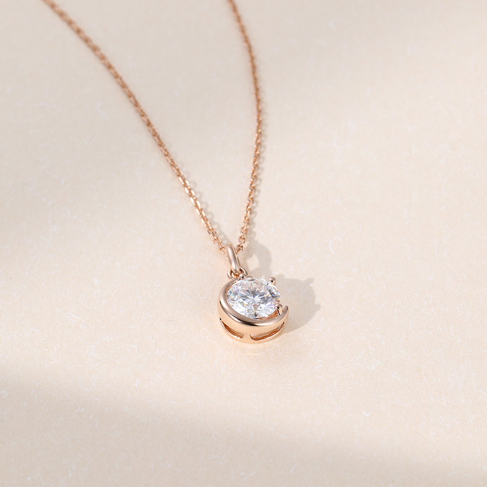 Crescent Round Cut Lab Grown Diamond Half Moon Shape Solitaire Pendant Necklace