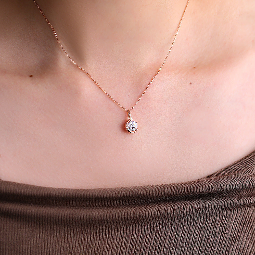 Crescent Round Cut Lab Grown Diamond Half Moon Shape Solitaire Pendant Necklace