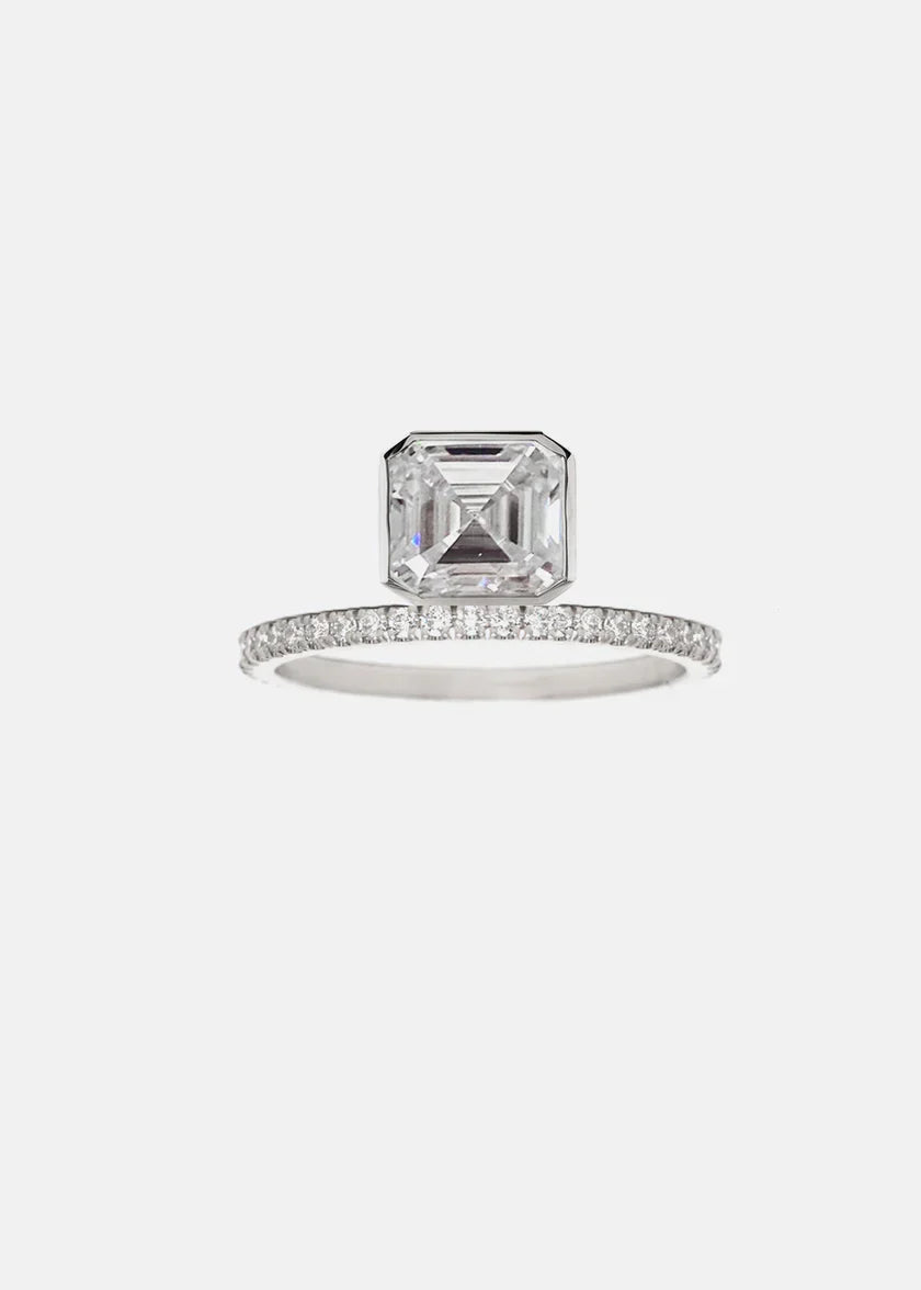 2.0ct Bezel Set Asscher Floating E/VS Lab Grown Diamond Unique Pave Engagement Ring With Wedding Band