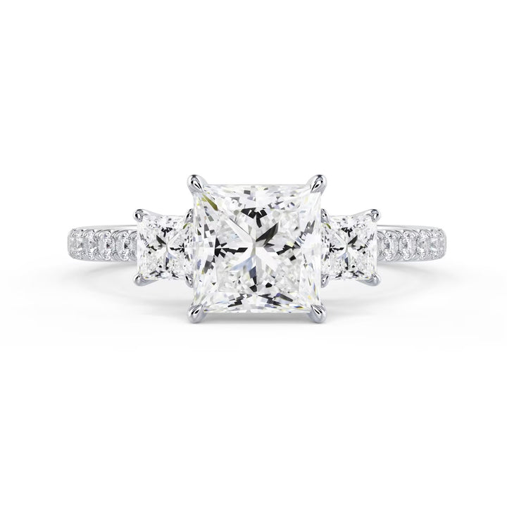 1.50CT Princess E/VS1 Lab Grown Diamond Three Stone Pave Engagement Ring