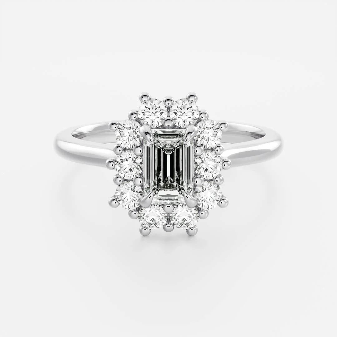 1.0CT Emerald Cut Halo Lab Grown Diamond Cathedral Engagement Ring