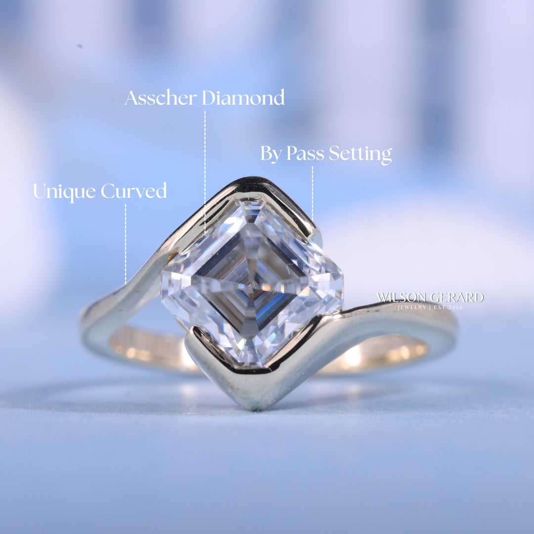1.0CT-2.0CT Asscher E/VS Lab Grown Diamond Tension Style Unique Engagement Ring With Classic Curved Band