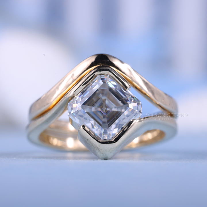 1.0CT-2.0CT Asscher E/VS Lab Grown Diamond Tension Style Unique Engagement Ring With Classic Curved Band