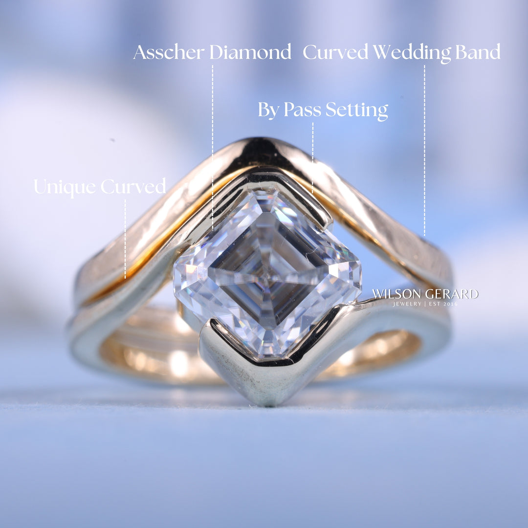 1.0CT-2.0CT Asscher E/VS Lab Grown Diamond Tension Style Unique Engagement Ring With Classic Curved Band