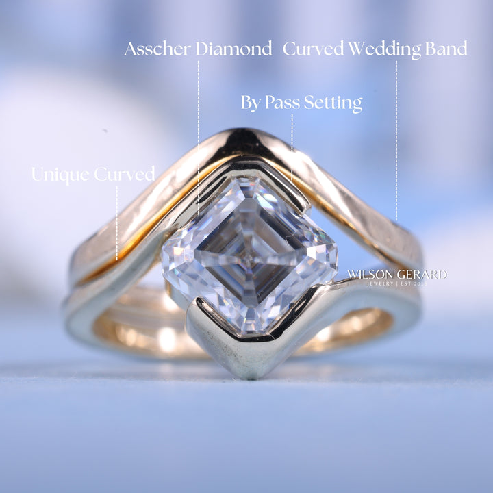 1.0CT-2.0CT Asscher E/VS Lab Grown Diamond Tension Style Unique Engagement Ring With Classic Curved Band