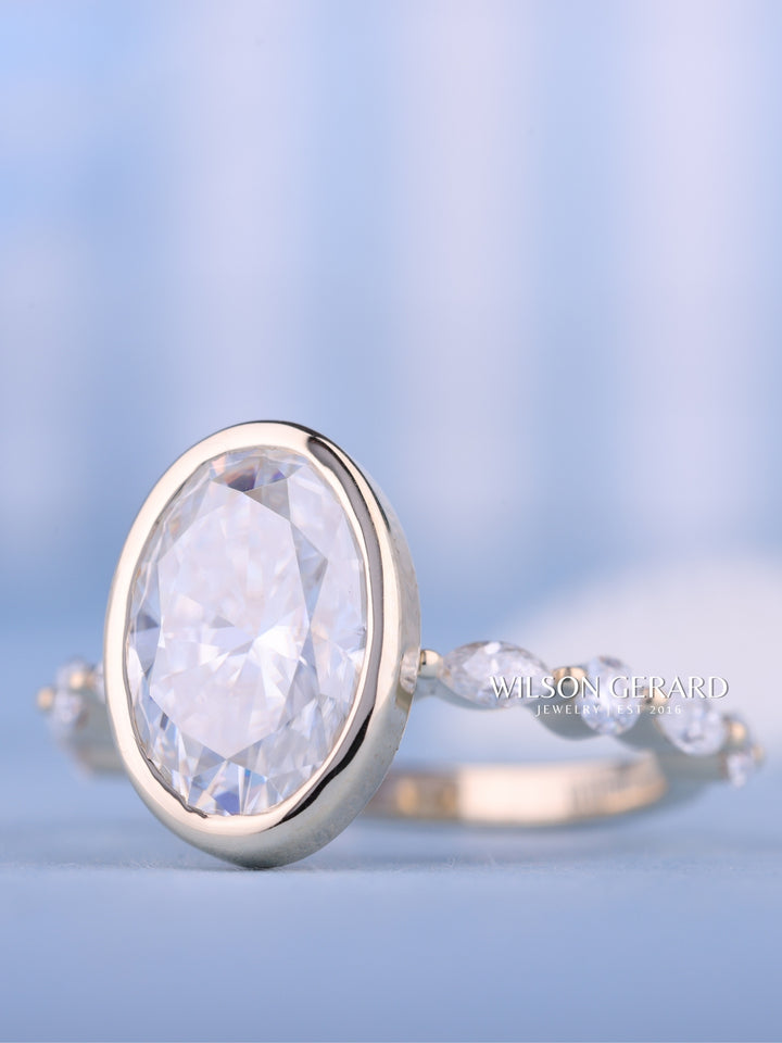 2.0CT Bezel Set Oval E/VS1 Lab Grown Diamond Pave Engagement Ring