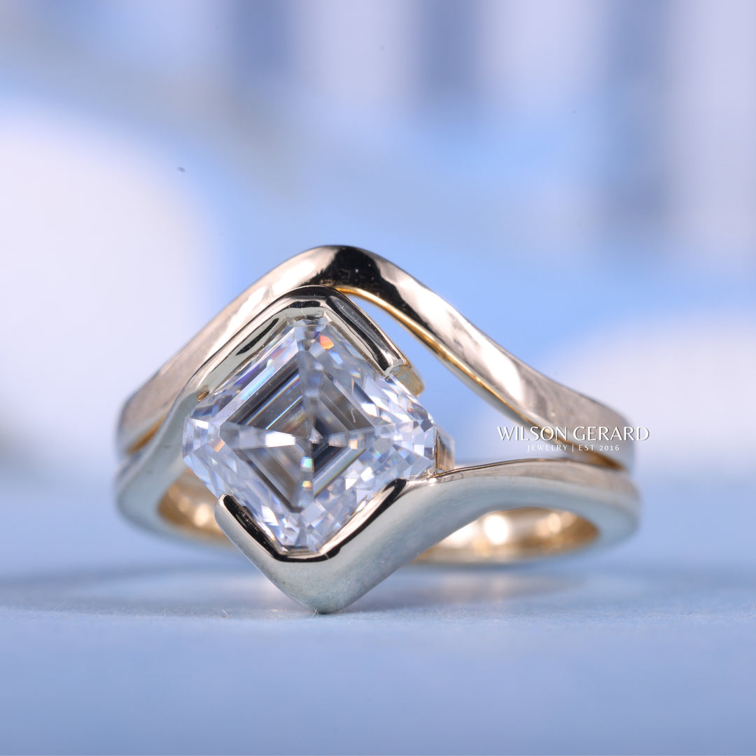 1.0CT-2.0CT Asscher E/VS Lab Grown Diamond Tension Style Unique Engagement Ring With Classic Curved Band