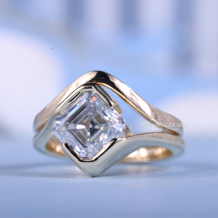 1.0CT-2.0CT Asscher E/VS Lab Grown Diamond Tension Style Unique Engagement Ring With Classic Curved Band