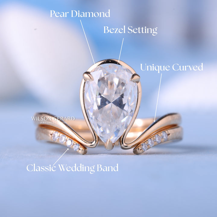 1.0CT-2.0CT Bezel Set Pear E/VS Lab Grown Diamond Curved Unique Engagement Ring With Wedding Band
