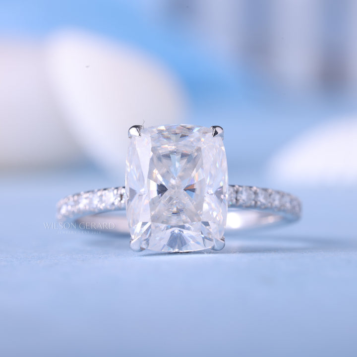 2.0CT Elongated Cushion E/VS1 CVD Diamond Hidden Halo Pave Engagement Ring