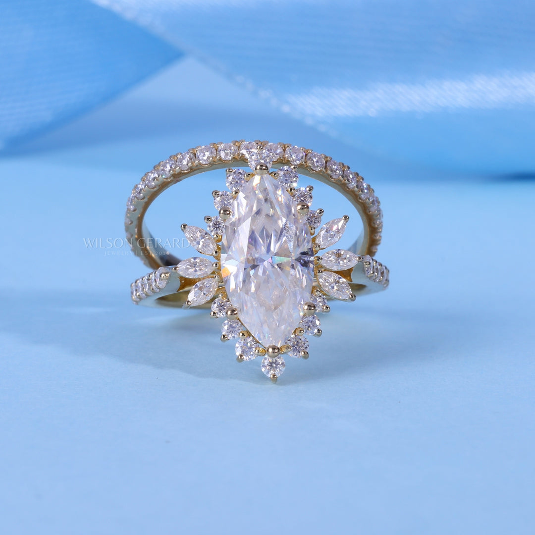 1.0CT Marquise Cut Cluster Halo Diamond Vintage Style Engagement Ring Withy Wedding Band