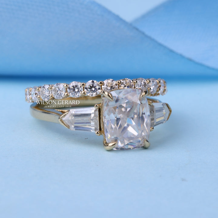 1.50CT Elongated Cushion E/VS1 Lab Grown Diamond Three Engagement Rings With Wedding Band