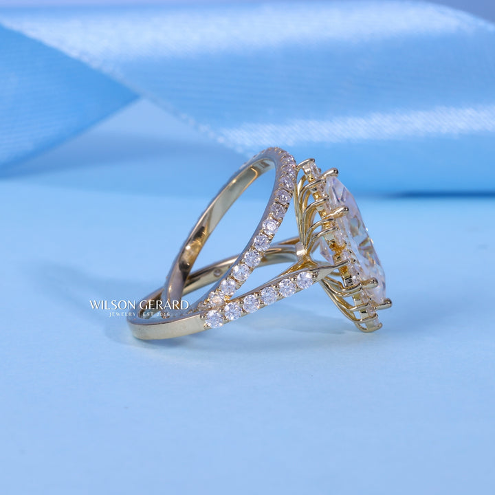 1.0CT Marquise Cut Cluster Halo Diamond Vintage Style Engagement Ring Withy Wedding Band