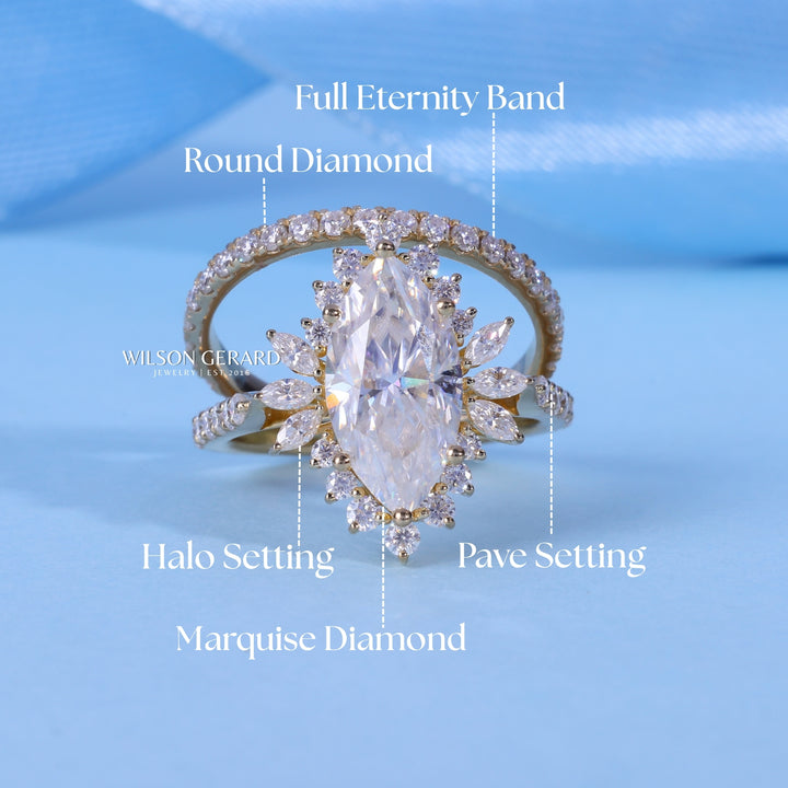 1.0CT Marquise Cut Cluster Halo Diamond Vintage Style Engagement Ring Withy Wedding Band