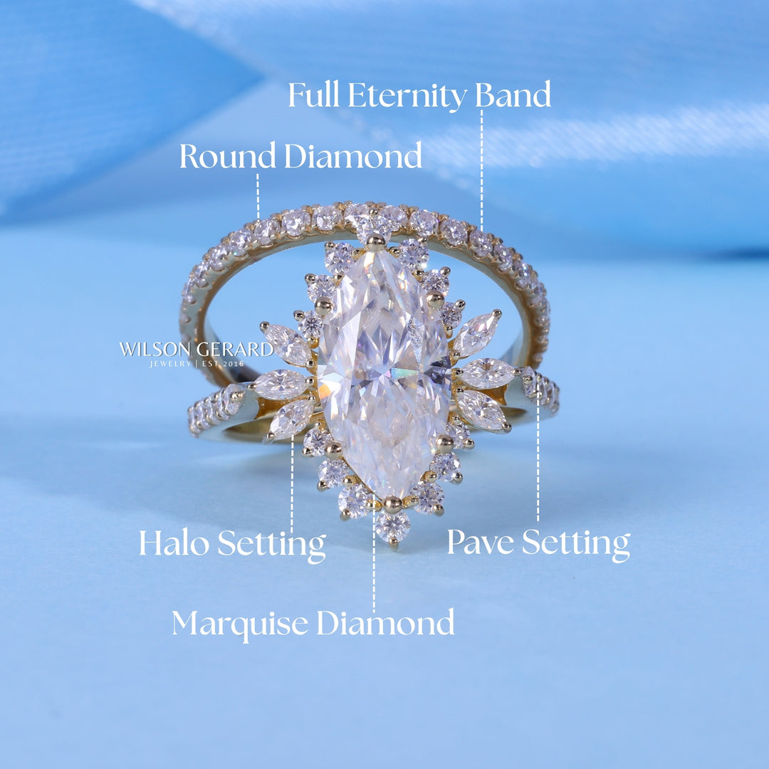 1.0CT Marquise Cut Cluster Halo Diamond Vintage Style Engagement Ring Withy Wedding Band