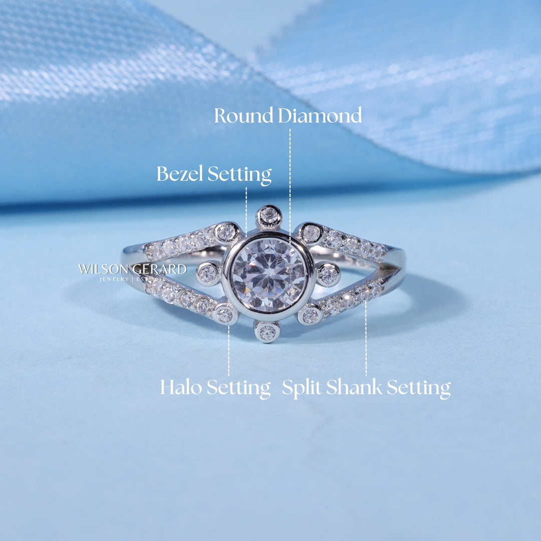 0.70CT Bezel Set Round Cut E/VS2 Lab Grown Diamond Split Shank Engagement Ring