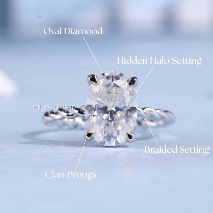 1.50CT Oval Cut E/VS1 Lab Grown Diamond Hidden Halo Braided Engagement Ring
