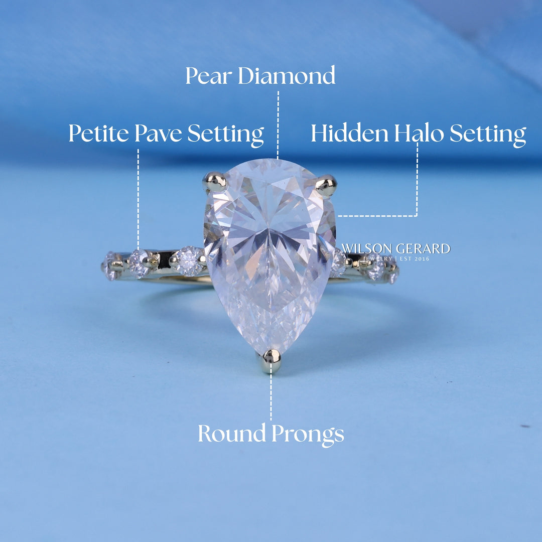 2.0CT Pear Cut E/VS2 CVD Diamond Hidden Halo Pave Engagement Ring