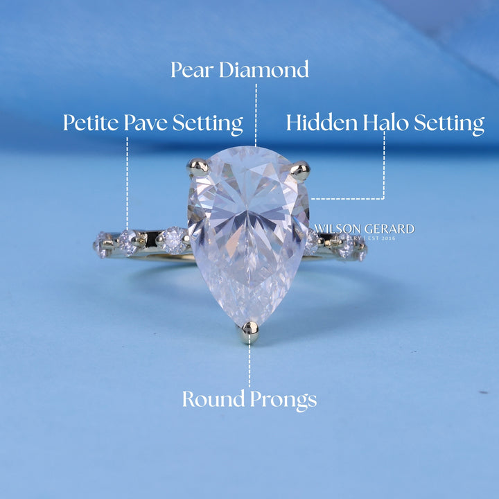 2.0CT Pear Cut E/VS2 CVD Diamond Hidden Halo Pave Engagement Ring