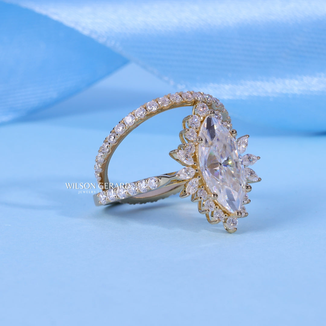 1.0CT Marquise Cut Cluster Halo Diamond Vintage Style Engagement Ring Withy Wedding Band