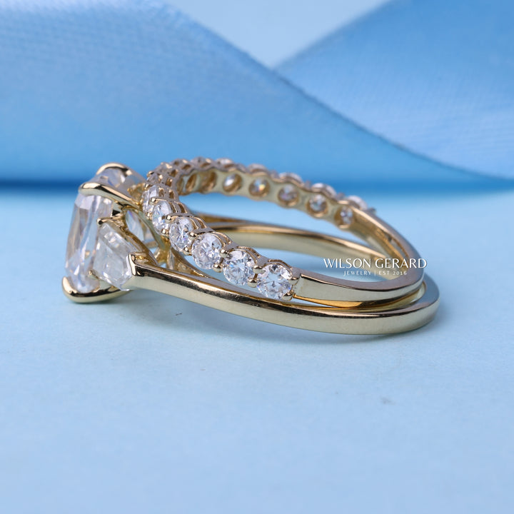 1.50CT Elongated Cushion E/VS1 Lab Grown Diamond Three Engagement Rings With Wedding Band