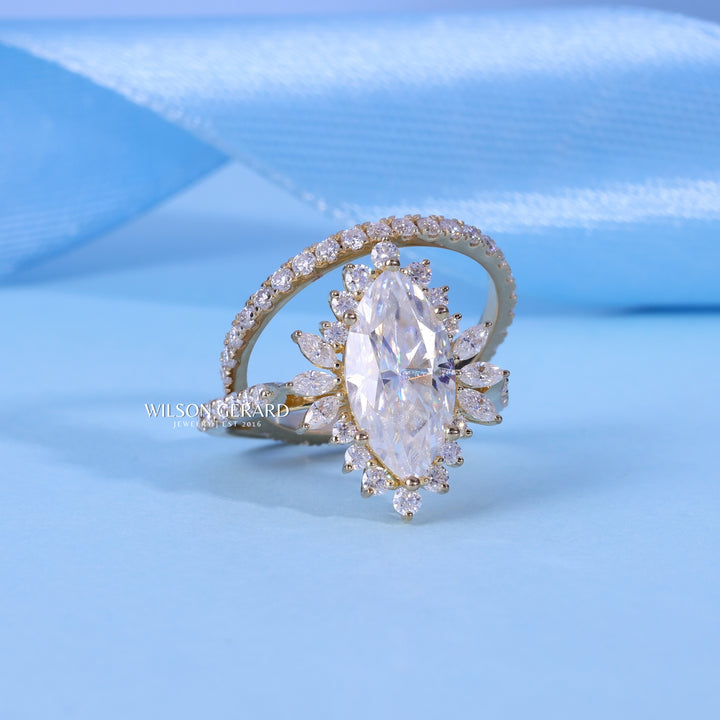 1.0CT Marquise Cut Cluster Halo Diamond Vintage Style Engagement Ring Withy Wedding Band