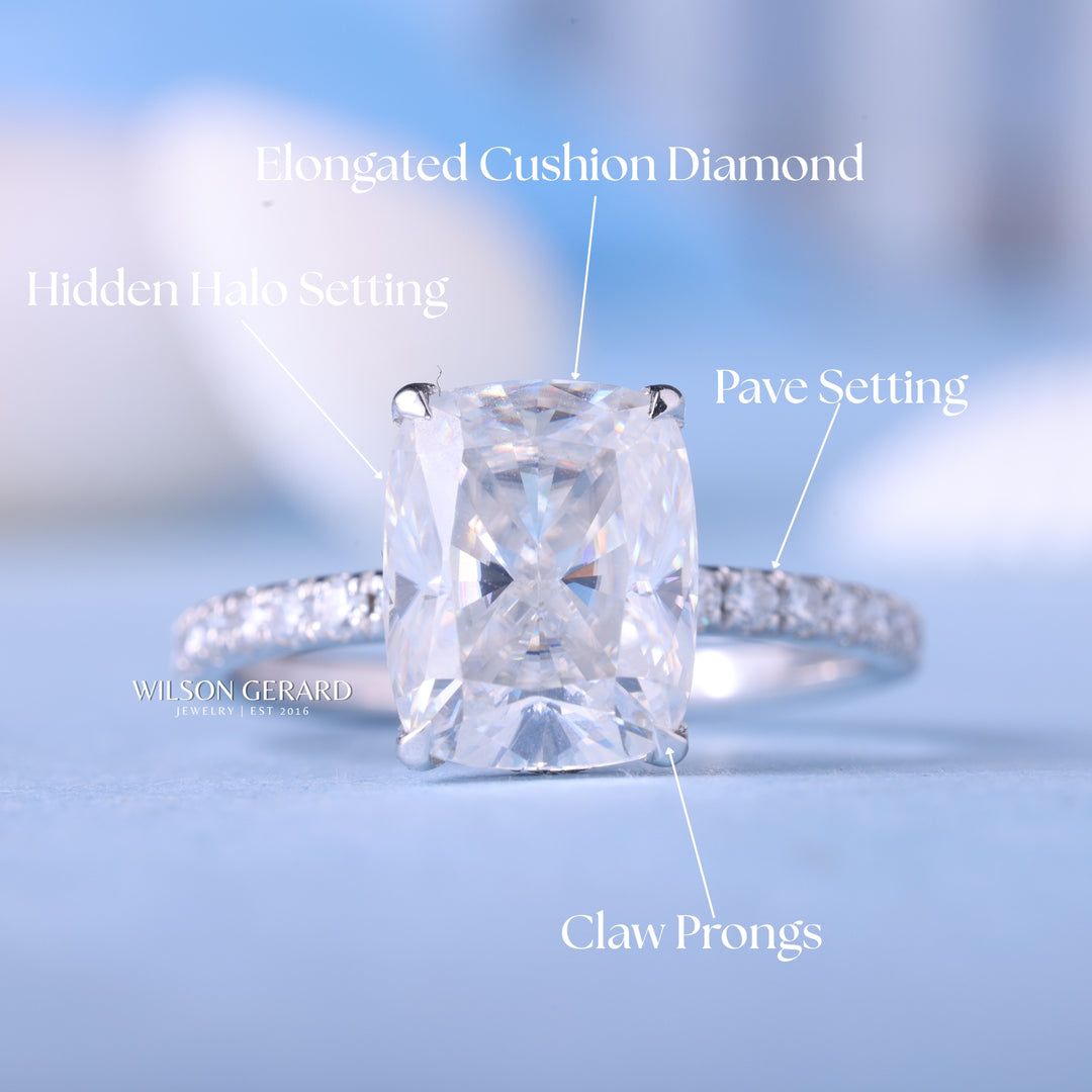 2.0CT Elongated Cushion E/VS1 CVD Diamond Hidden Halo Pave Engagement Ring