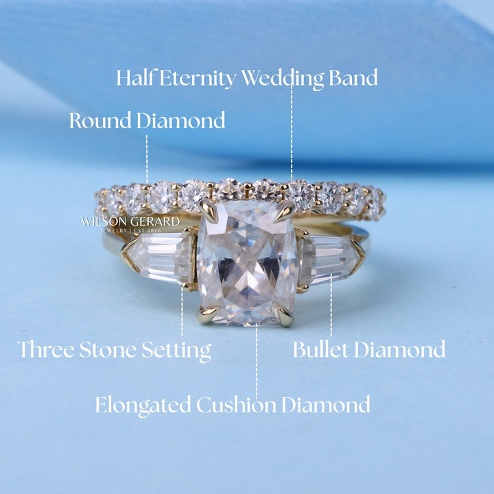 1.50CT Elongated Cushion E/VS1 Lab Grown Diamond Three Engagement Rings With Wedding Band